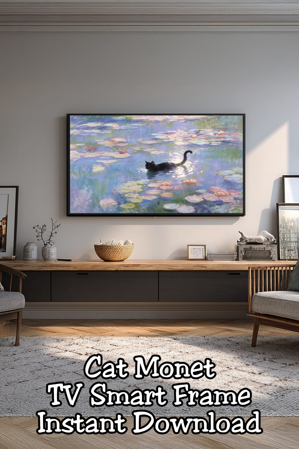 This Monet-style cat wall art printable transforms your Frame TV into a peaceful gallery moment. Featuring a black cat drifting through water lilies, this frame tv art is ideal for living room decor, office wall art, or anyone who loves cats and classic impressionist style.