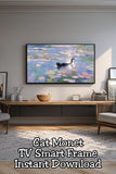 This Monet-style cat wall art printable transforms your Frame TV into a peaceful gallery moment. Featuring a black cat drifting through water lilies, this frame tv art is ideal for living room decor, office wall art, or anyone who loves cats and classic impressionist style.