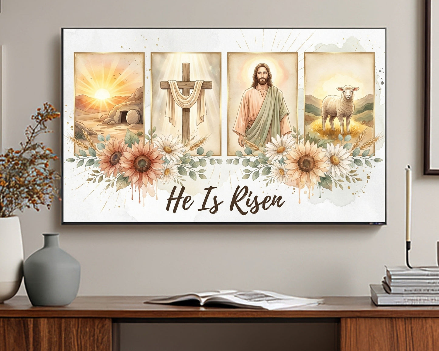 He Is Risen Easter Frame TV Art – Christian Resurrection Home Decor