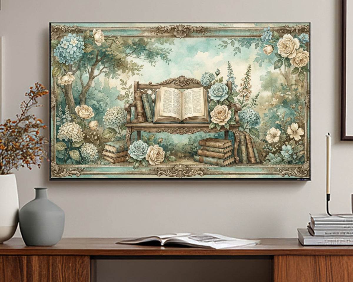 Decorative wall art with a bench, books, and flowers on a wall above a wooden desk.