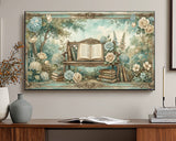 Decorative wall art with a bench, books, and flowers on a wall above a wooden desk.