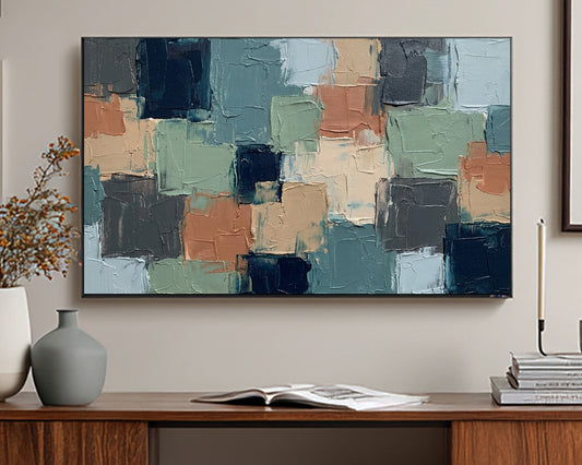 Modern Abstract Geometric Frame TV Art, Neutral Sage Navy Clay Palette Knife Texture, Contemporary Abstract TV Wall Art Digital Download