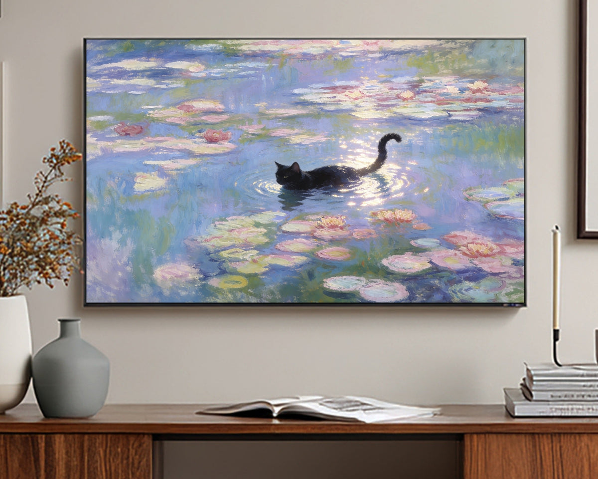 TV displaying a painting of a cat in water lilies, placed on a wall above a wooden cabinet.
