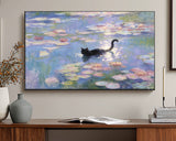 TV displaying a painting of a cat in water lilies, placed on a wall above a wooden cabinet.