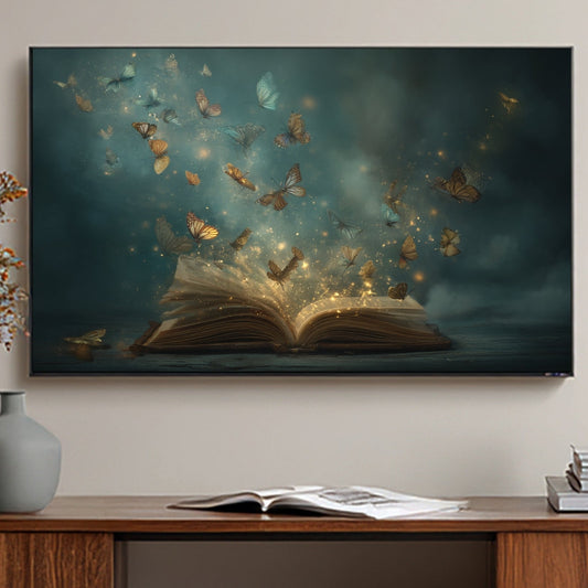 Decorative wall art of an open book with butterflies on a wall above a wooden surface.