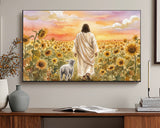 Painting of a person in a robe walking with a lamb in a sunflower field, displayed on a wall above a wooden desk.