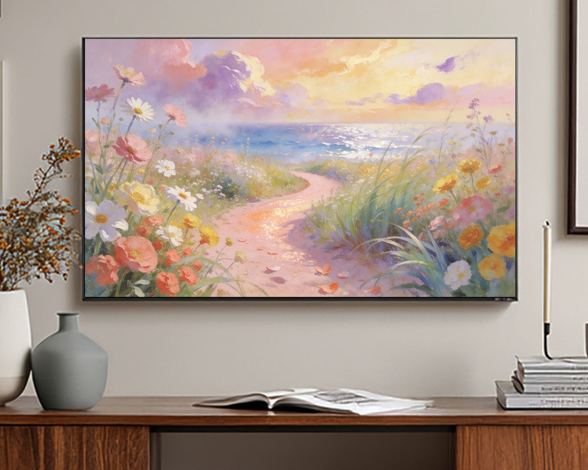 TV displaying a scenic painting of a beach with flowers and a path, placed on a wooden stand.