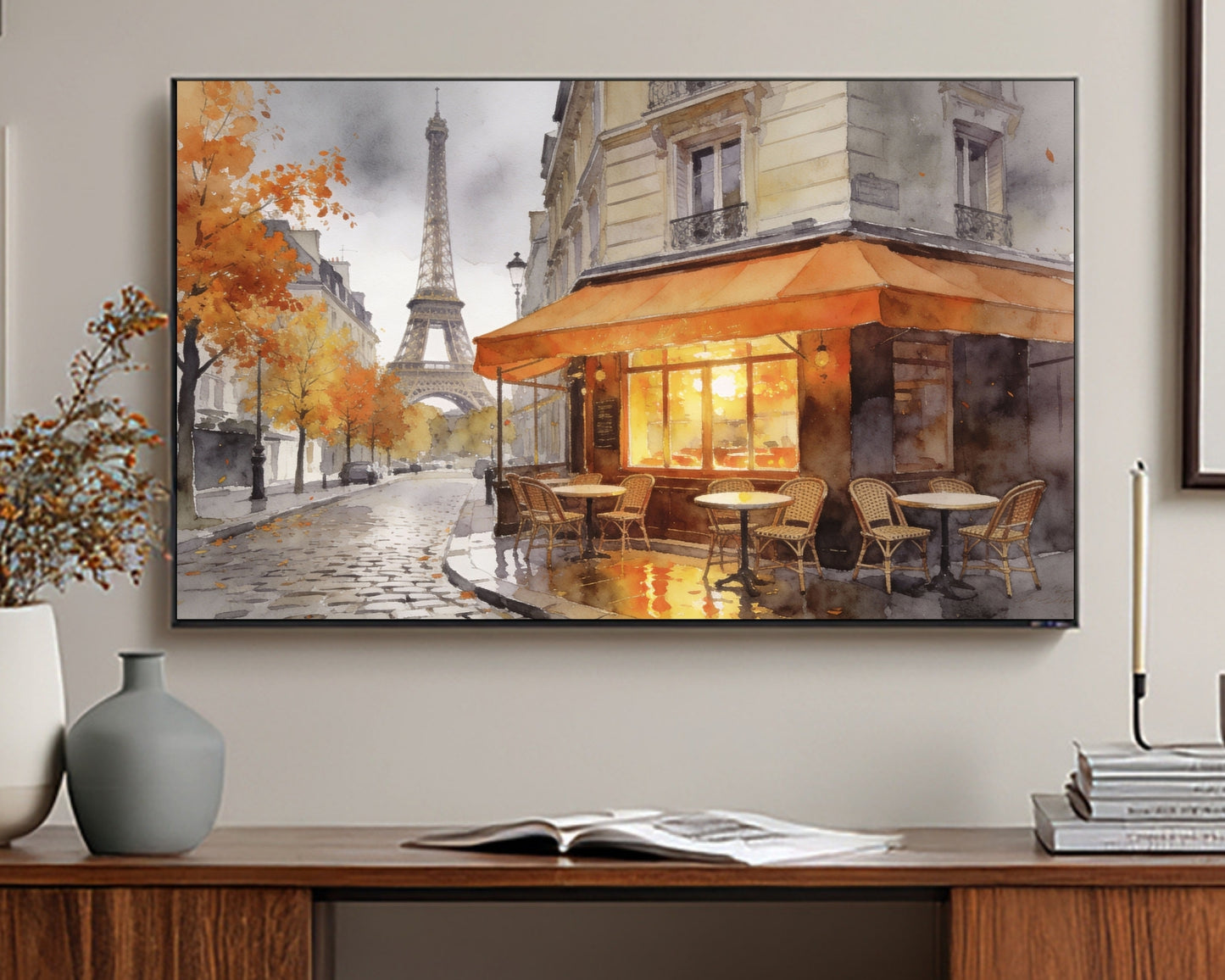 Decorative painting of a Parisian street with Eiffel Tower on a wall above a wooden cabinet.