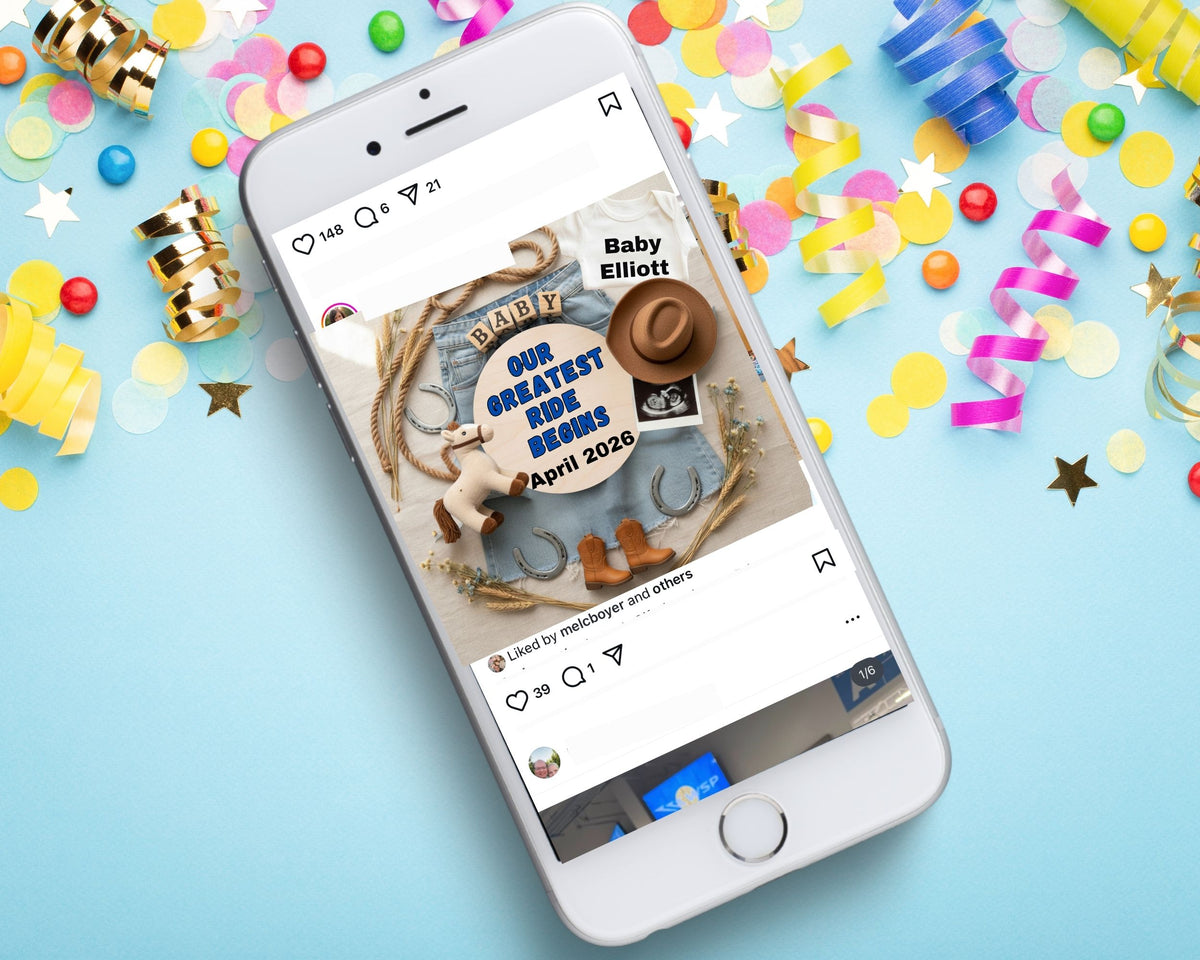 Phone displaying a baby shower invitation with confetti and party decorations on a blue background