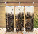 Three tumblers with a vintage bookstore design and 'take me to the bookstore' text on a wooden background.