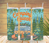 Three tumbler designs with a camping theme on a wooden background