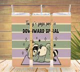 Two tumblers with a panda design and text on a wooden background