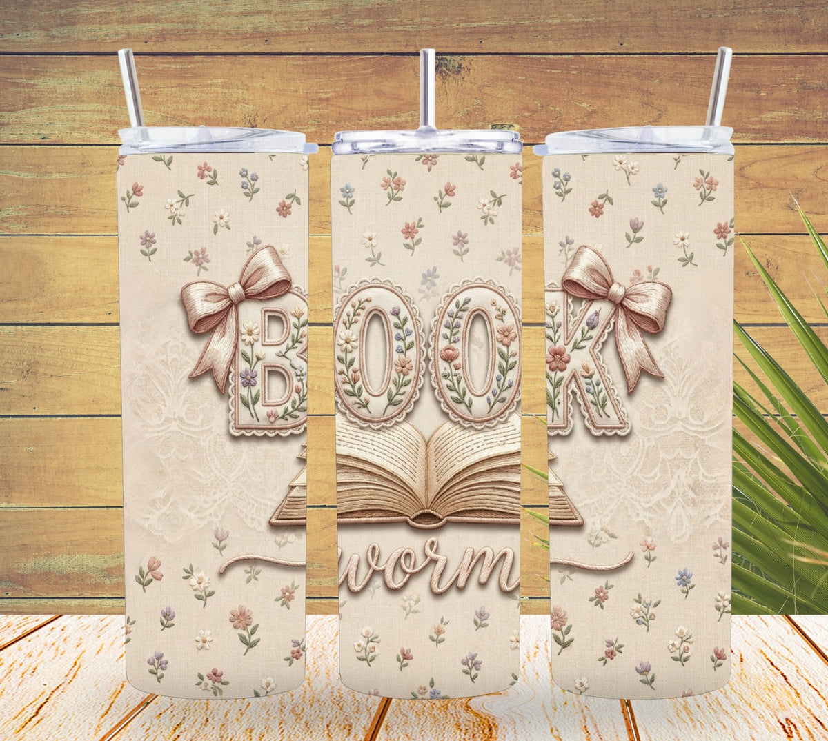 Three tumbler designs with 'bookworm' text and decorative elements on a wooden background.