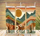 Three tumbler with lids featuring a nature-themed design on a wooden background.
