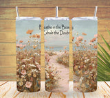 Three tumblers with floral design and motivational quote on a wooden background