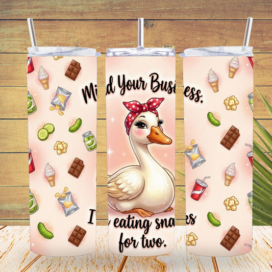 Three tumbler designs with a duck, snacks, and text on a wooden background