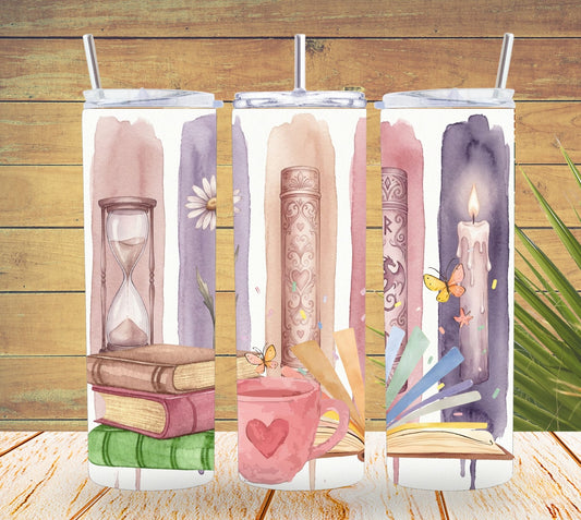 Set of three tumbler designs with books, a candle, and a cup on a wooden background