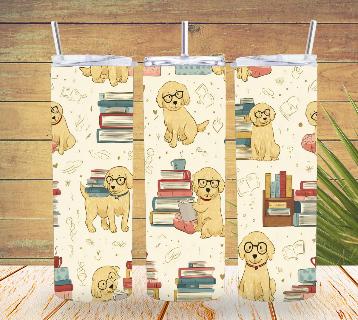 Three tumbler designs with puppies and books on a wooden background