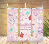 Three pink tumblers with cartoon medical-themed designs on a wooden surface.