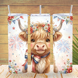 Three tumbler designs featuring a cow with floral headband on a wooden background.