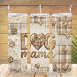 Three tumblers with 'Dog Mama' design on a wooden surface