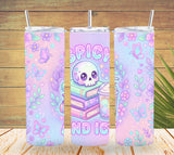 Three colorful tumblers with unique designs on a wooden surface.