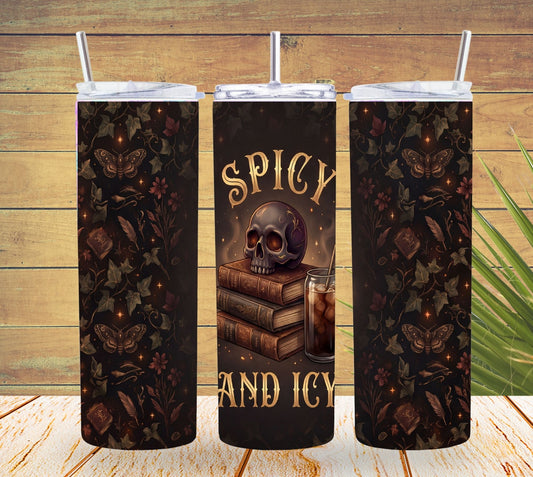 Three insulated tumblers with a dark design featuring skulls, books, and butterflies on a wooden surface.
