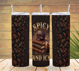 Three insulated tumblers with a dark design featuring skulls, books, and butterflies on a wooden surface.