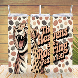 Three tumblers with a cheetah design and text on a wooden background