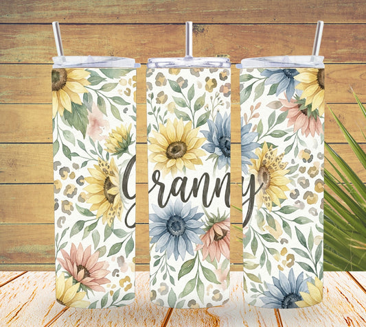 Three tumbler with floral designs and 'Granny' text on a wooden background
