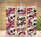 Three tumblers with pink leopard print and cherry design on a wooden surface.