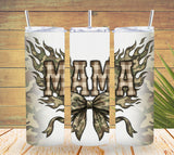 Three tumbler designs with 'MAMA' text and camouflage patterns on a wooden background.
