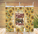 Three tumbler designs with sunflower patterns and a central design featuring a tractor and 'Faith in Farming' text on a wooden background.