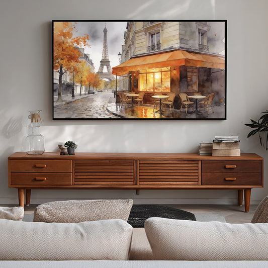 Living room with a wooden TV stand and a large framed painting of a Parisian street scene.