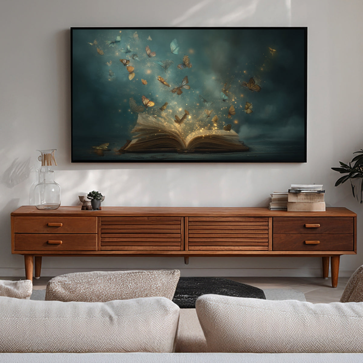 Living room with a wooden TV stand and a large screen displaying a butterfly scene.