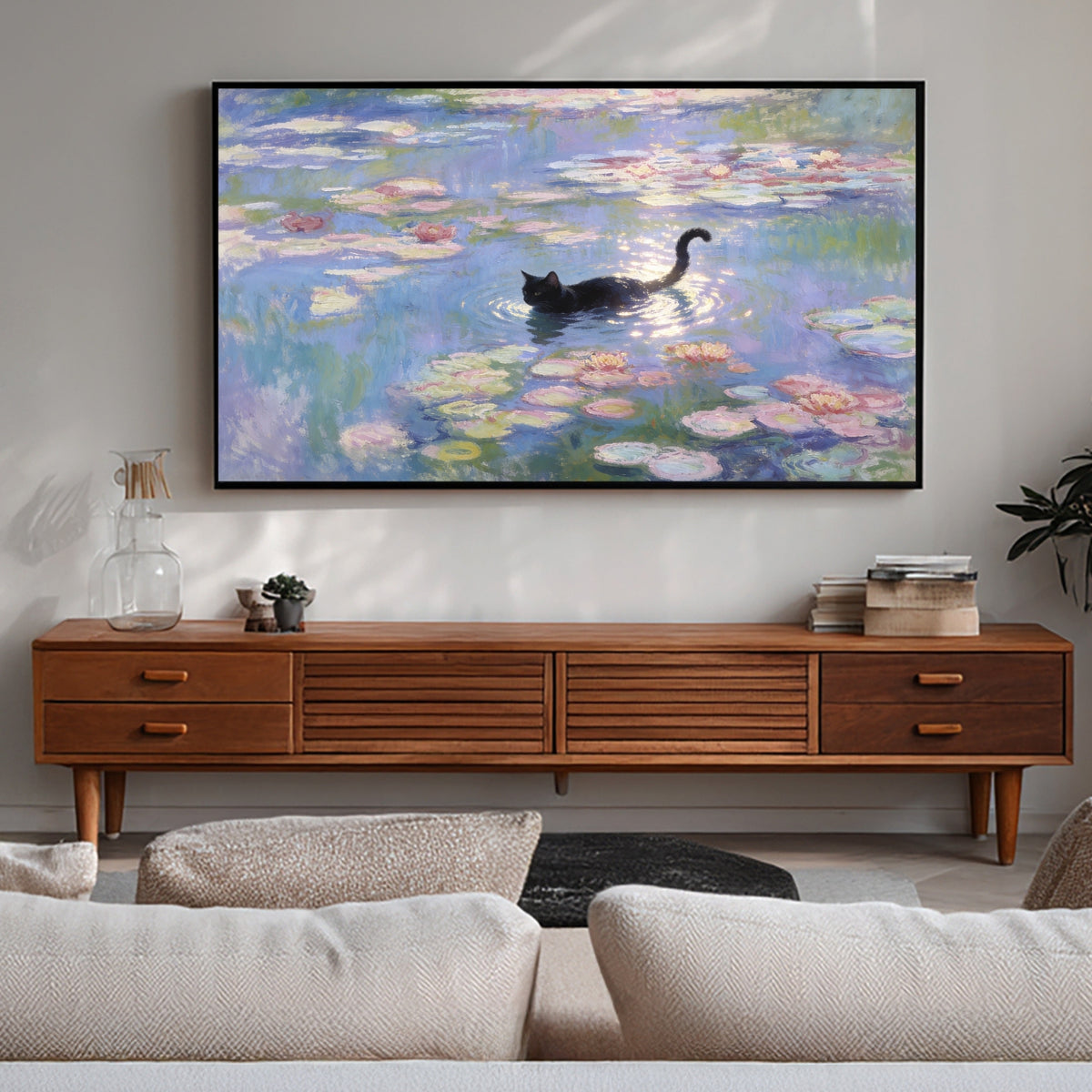 Living room with a large framed painting of a black swan on water lilies, a wooden console table, and a sofa.