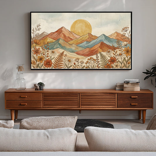 Living room with a wooden console table and a mountain landscape painting on the wall.