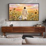 Living room with a large painting of a person walking with a lamb in a sunflower field, above a wooden console table.