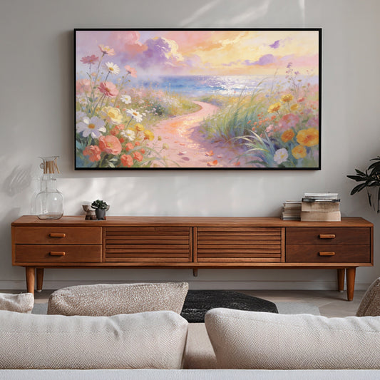 Living room with a wooden TV stand, beige sofa, and a large floral painting on the wall.