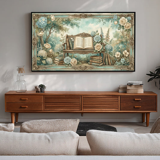 Living room with wooden TV stand, floral tapestry, and gray sofa.