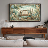 Living room with wooden TV stand, floral tapestry, and gray sofa.