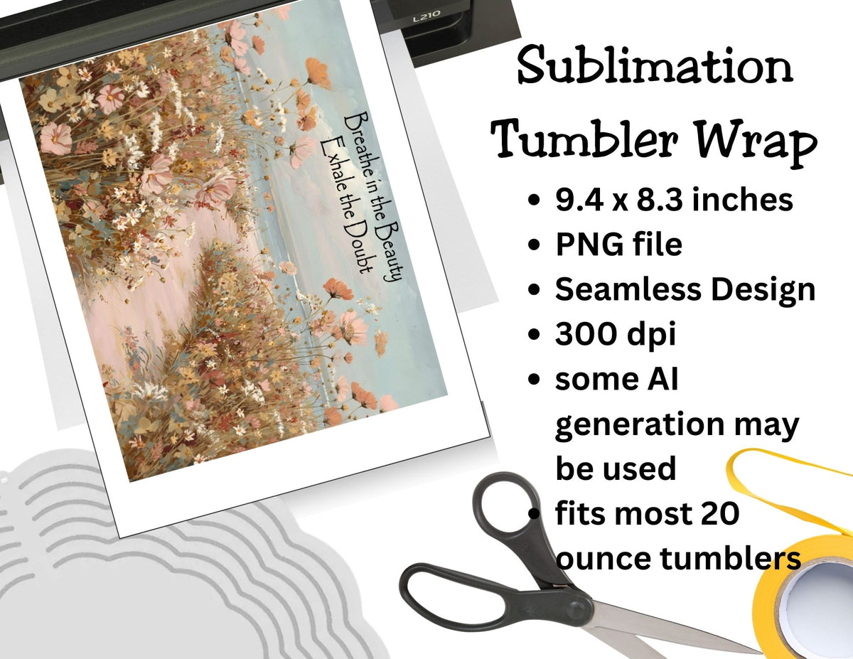 Floral sublimation tumbler wrap with product details on a white background