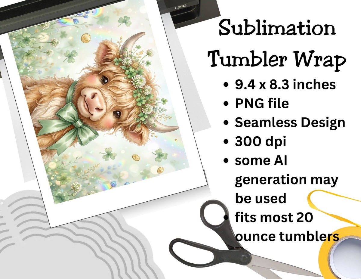 Sublimation tumbler wrap with a cow design on a white background with scissors and tape.