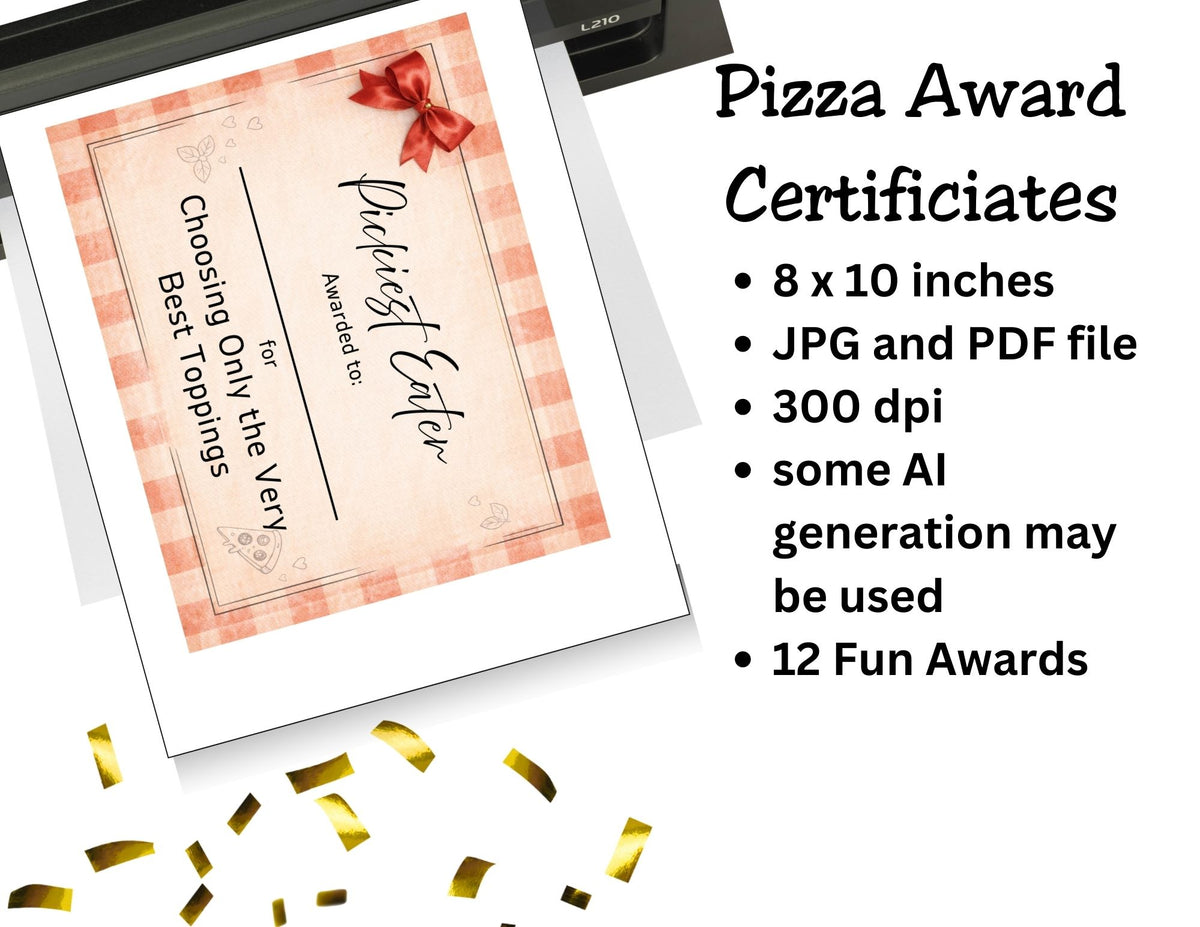 Pizza Award Certificates with a red bow on a white background