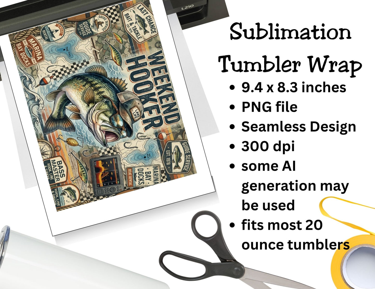 WEEKEND HOOKER FISHING TUMBLER and Tumbler Wrap PNG  *1063