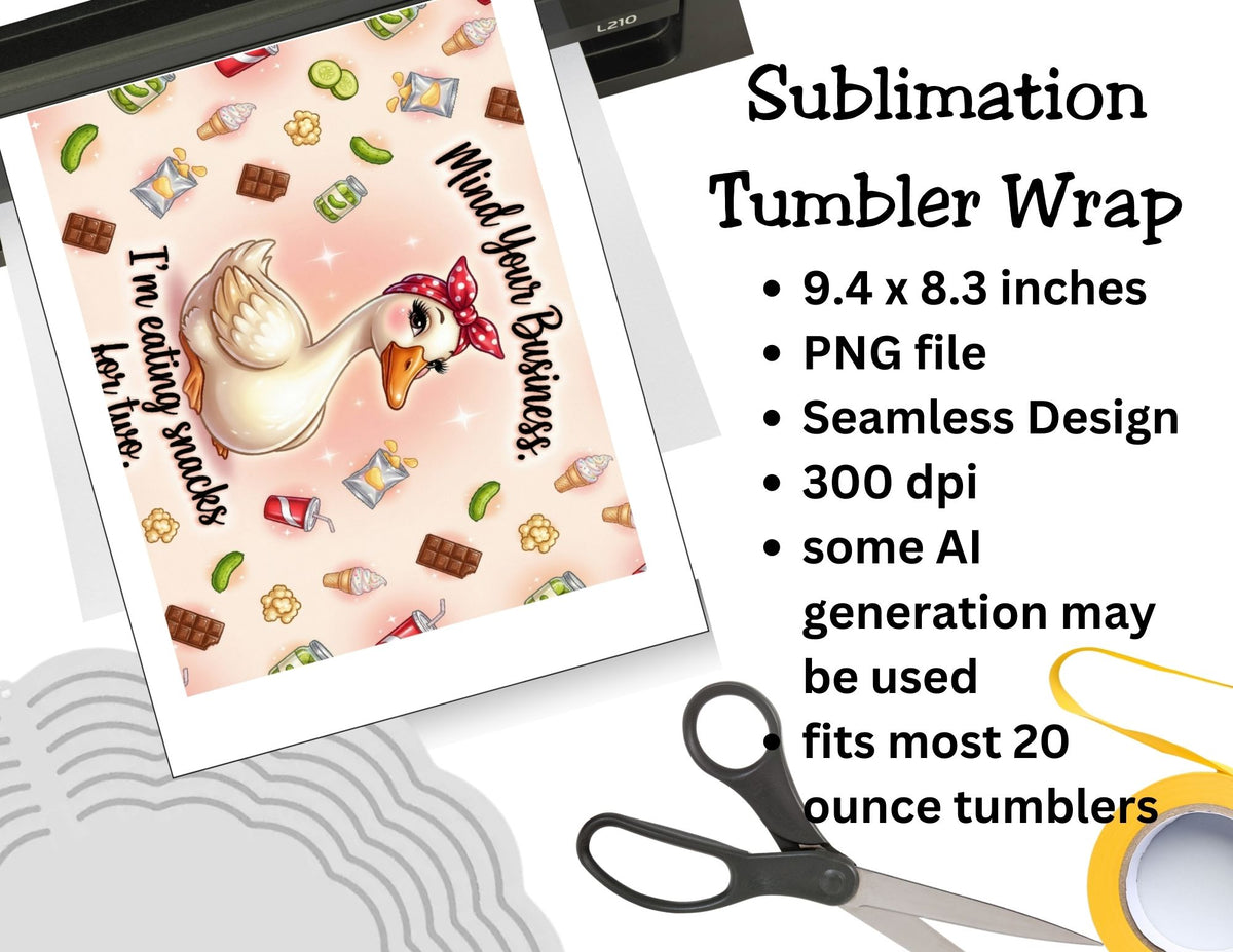 Sublimation tumbler wrap with a duck design and text, shown on a tumbler with scissors and tape.