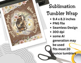 Sublimation tumbler wrap design with camera and floral elements, scissors, and tape on a white background.