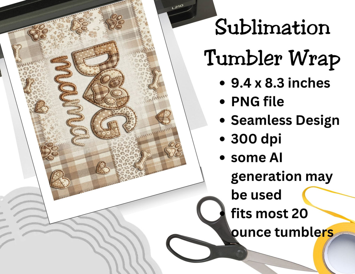 Sublimation tumbler wrap design with text and a pair of scissors on a white background