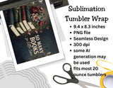 Sublimation tumbler wrap design with books and flowers, scissors, and tape on a white background.