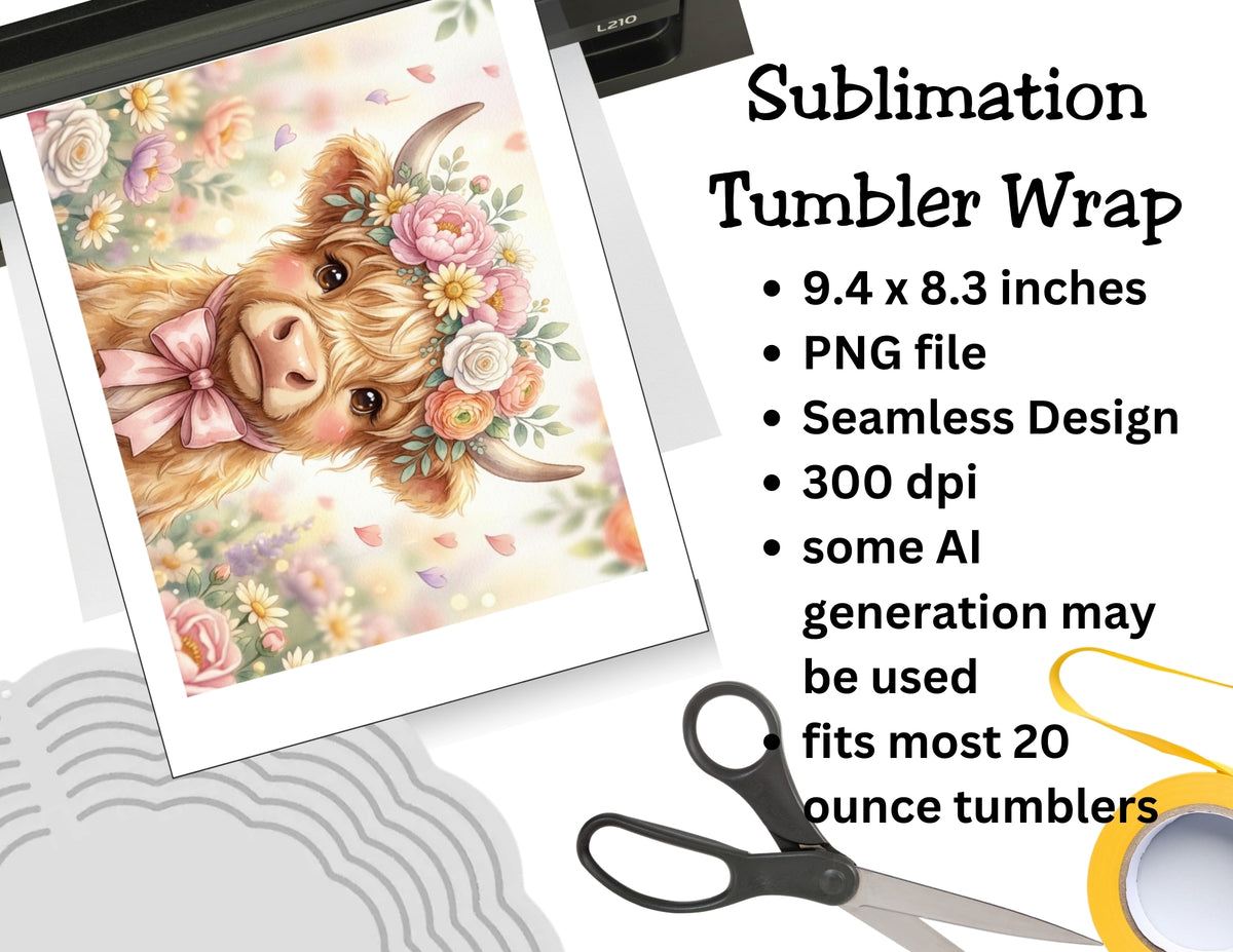 Sublimation tumbler wrap with a cow design and product details on a white background.
